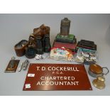 Collectables to include a sign, binoculars, badges, cigarette cards etc