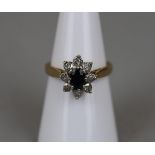 Gold sapphire and diamond cluster ring - Approx size: N