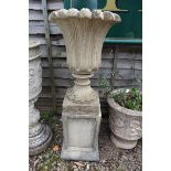 Stone pedestal planter on plinth - Approx height: 103cm