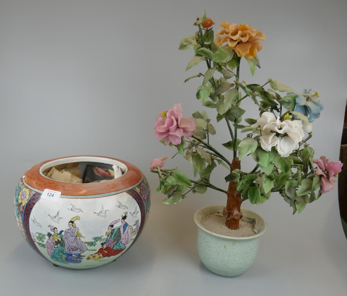 Oriental planter with artificial plant