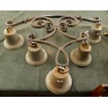 5 antique brass bells on ornate hanger - Approx overall height: 89cm