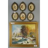 Oil on board winter scene by Clive Mainwaring together with 6 miniatures