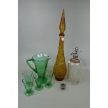 Green glass lemonade set together with a soda syphon etc