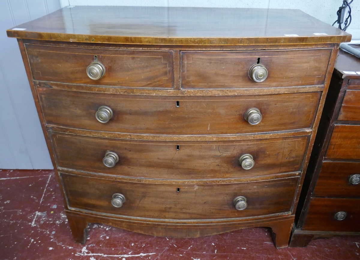 19thC mahogany bow fronted chest of 2 over 3 drawers - Approx size W: 106cm D: 59cm H: 101cm