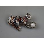 Silver and enamel cat brooch
