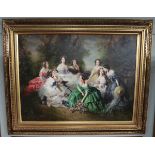 Large oil on canvas of 9 ladies signed R Connell in a gilt frame - Approx image size: 120cm x 90cm