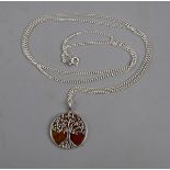 Silver and amber tree of life pendant on chain