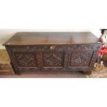 Antique carved oak coffer with candle box - Approx size: W: 141cm D: 57cm H: 65cm