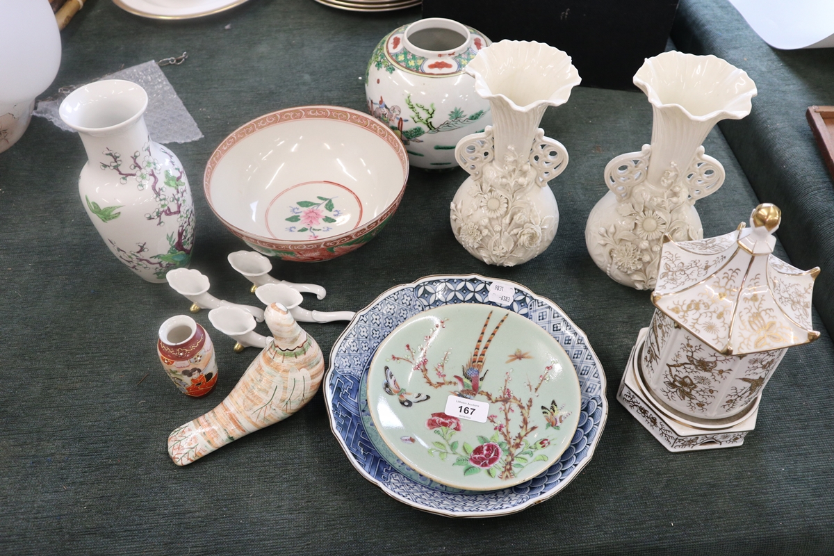 Collection of ceramics - Mostly Oriental to include pair of Belleek vases