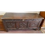 Antique carved oak coffer with candle box - Approx size: W: 141cm D: 57cm H: 65cm