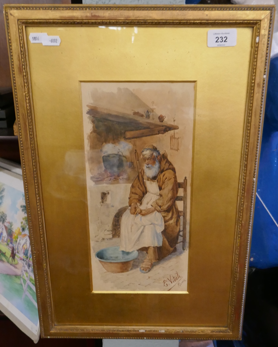 Watercolour of monk - Signed E. Vitali Rome - Approx image size: 15cm x 33cm
