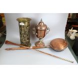 Copper samovar, bed warmer, horn and brass stick stand