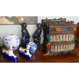 Collectibles to include blue and white china and saddle bag cushions