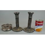 Pair of hallmarked silver candlesticks A/F together with a silver plate Champagne coaster