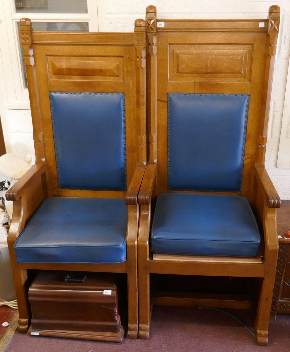 2 fine & large oak throne chairs from a masonic lodge