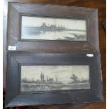 Pair of black and white prints in oak frames