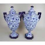 Pair of Victoria Ironstone blue and white urns - Approx height: 46cm