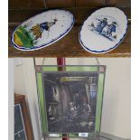 Dutch stained glass panel together with pair or ceramic wall hangings