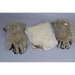 Pair of rabbit fur and leather gloves together with pouch