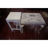 Painted side table together with upulstered stool