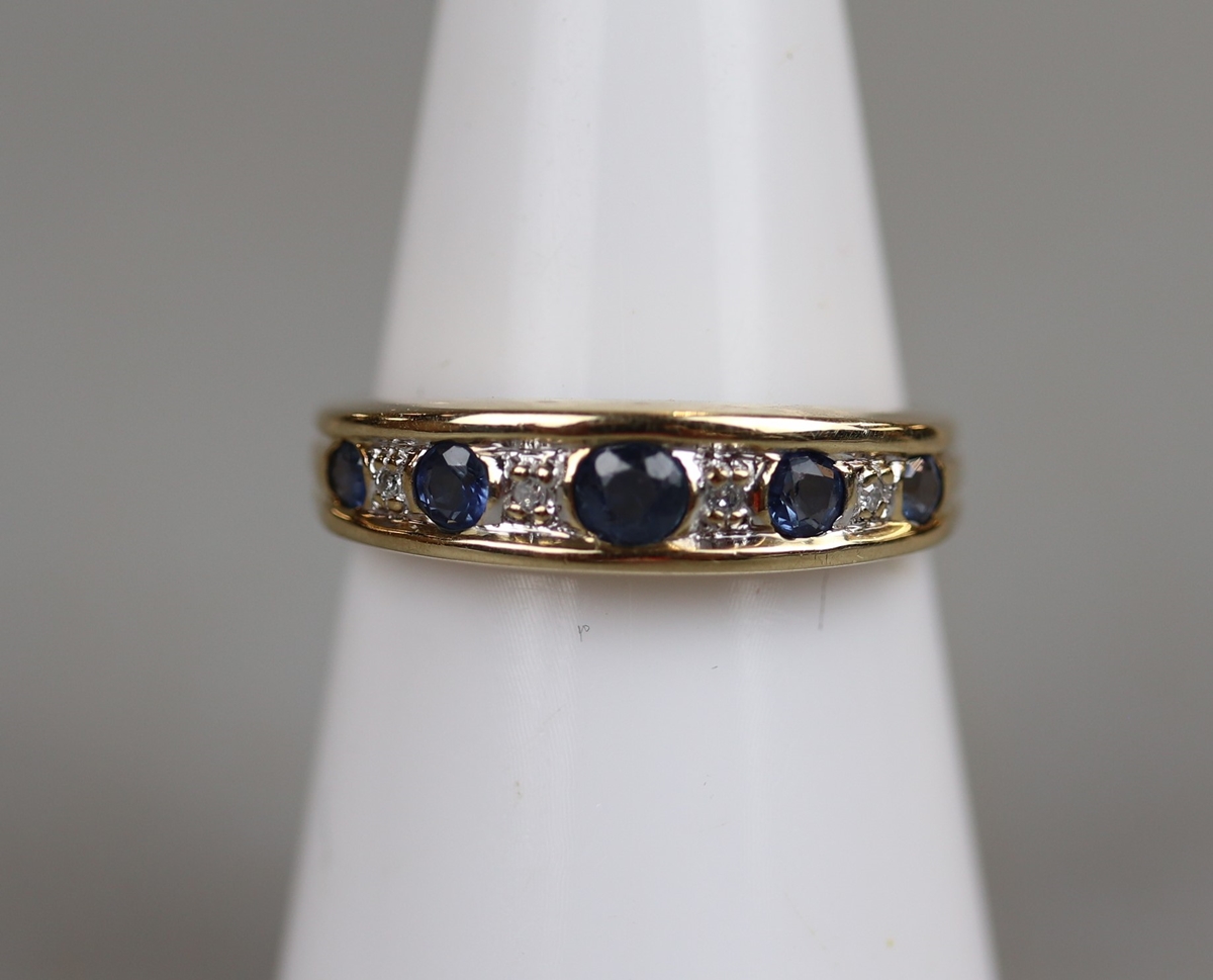 Gold sapphire & diamond 1/2 hoop ring - Approx size: M