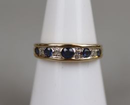 Gold sapphire & diamond 1/2 hoop ring - Approx size: M