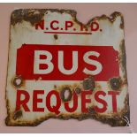 Original enamel sign (double sided) - BUS REQUEST - Approx size: 30.5cm x 30.5cm