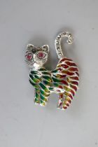 Silver enamel & ruby eyed cat brooch