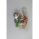 Silver enamel & ruby eyed cat brooch