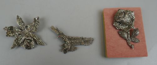 3 silver marcasite brooches