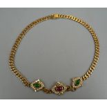 Fine 18ct gold tutti frutti choker adorned with diamonds, cabochon emeralds & ruby