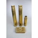 WWI 1914 Christmas tin together with 3 brass shells