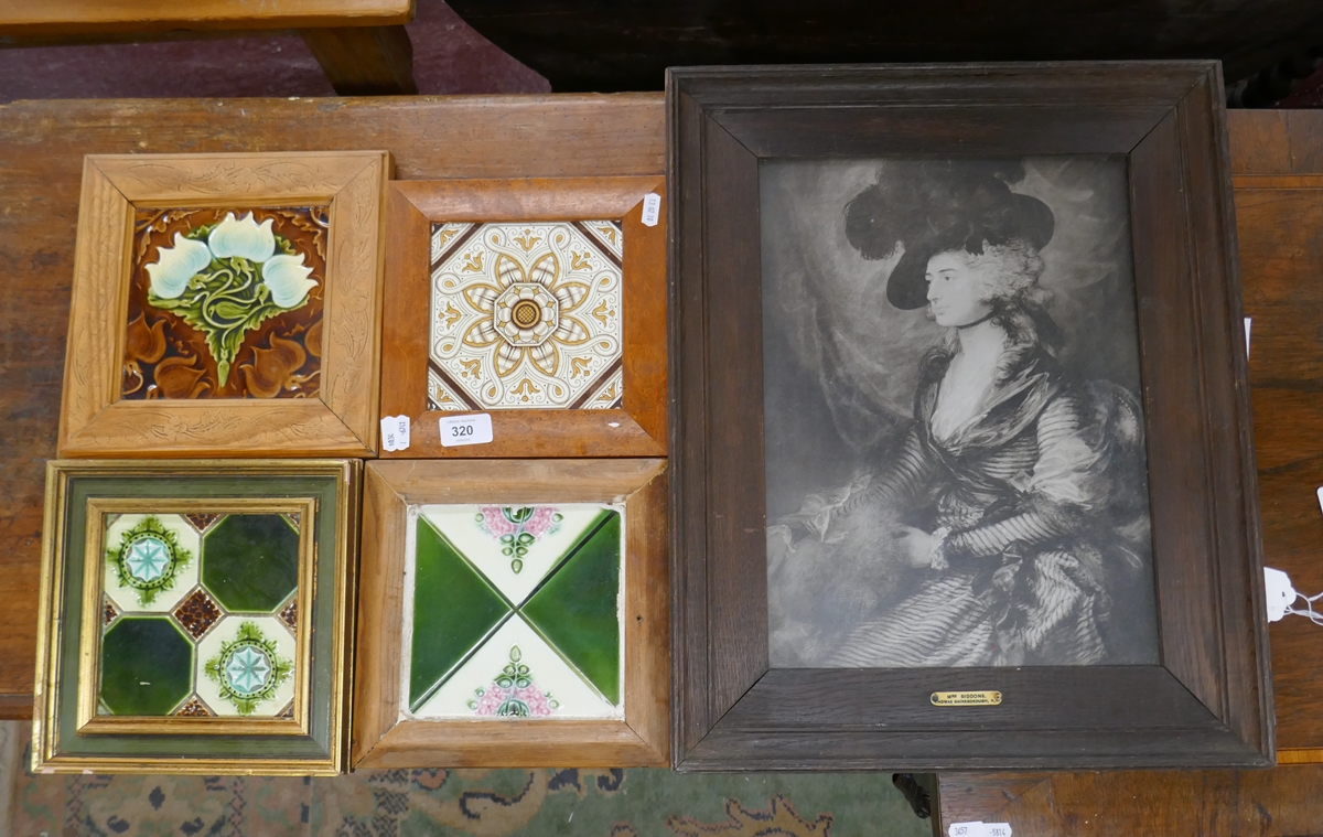 4 framed tiles together with early print Mrs Siddons by Thomas Gainsborough