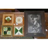 4 framed tiles together with early print Mrs Siddons by Thomas Gainsborough