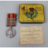 Boer War Queens South Africa medal with 5 clasps for Privates H Hodges KOSB in tin with card - 7172