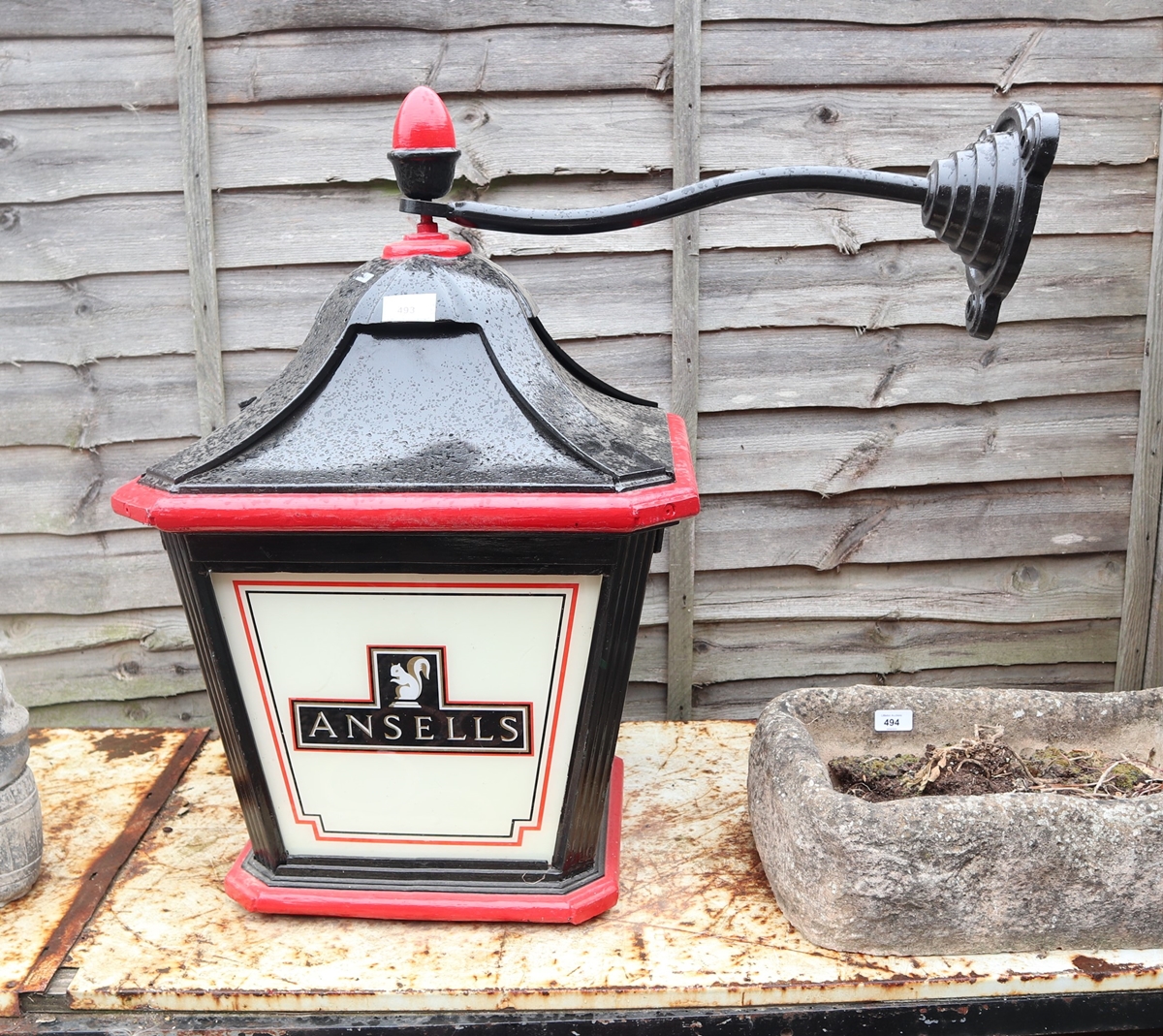 Large metal hanging pub lantern (1 panel missing) - Approx height: 77cm