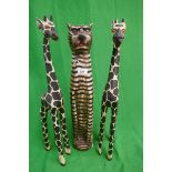 Pair of carved giraffes together with carved cat - Approx height of tallest: 60cm