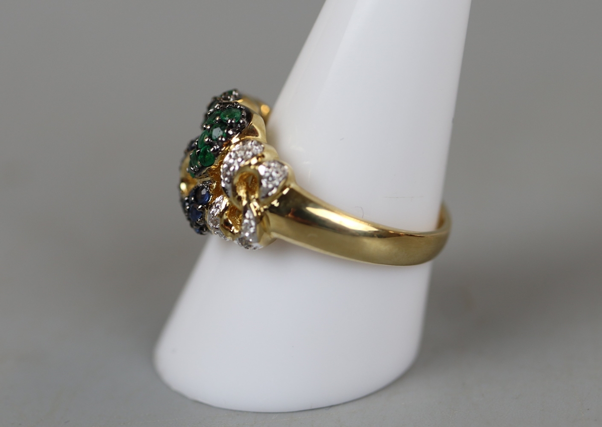 Unusual 18ct gold emerald, sapphire & diamond ring - Approx size: S - Image 2 of 3