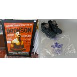 Signed Bronson poster in frame with a pair of Charles Bronsons boots in HMP bag