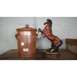 Horse figurine together with stoneware flour pot