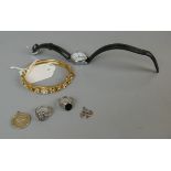 Small collection of silver jewellery together with a gold tone bangle and a watch