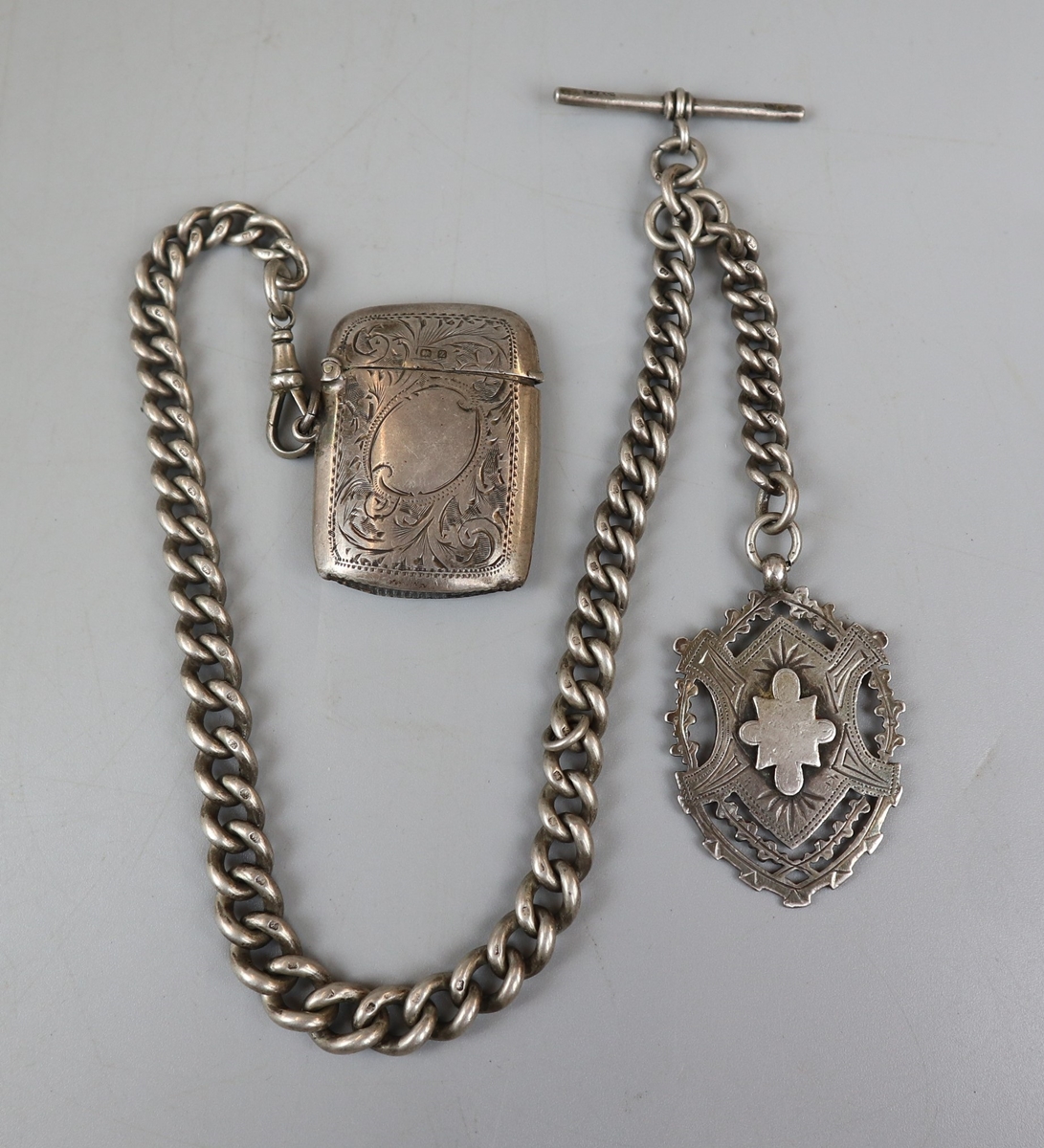 Silver Albert chain, vesta case & a medal - Approx weight: 103g