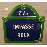 French enamel sign- Impasse Roux - Approx size: 50cm x 49cm