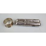 Silver 2 finger cigar case marked 925 together with a hallmarked silver napkin ring - Approx weight: