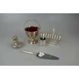 Collection of silver plate to include silver handled cake knife and perfume bottle