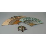 Cloisonné turtle together with 2 vintage fans