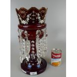 Victorian hand painted cranberry glass luster vase - Approx height: 36cm