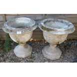 Pair of circular stone pedestal planters - Approx height: 48cm