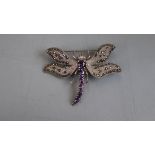 Silver and amethyst marcasite brooch in form of a Dragonfly