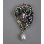 Silver enamel and pearl drop brooch